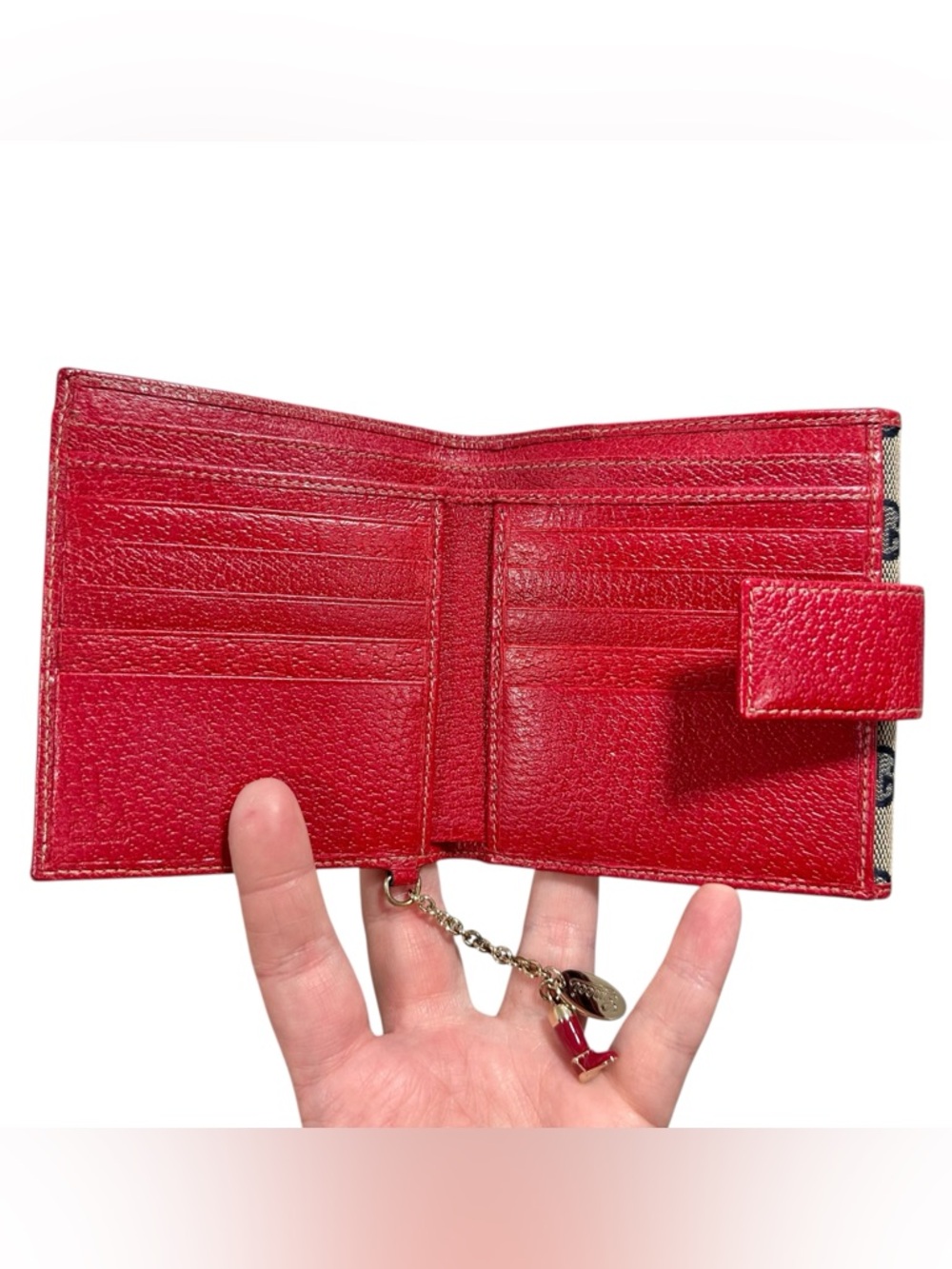 Gucci GG Monogram Navy Canvas & Red Leather Boot Charm Compact Bifold Wallet - Picture 6 of 16